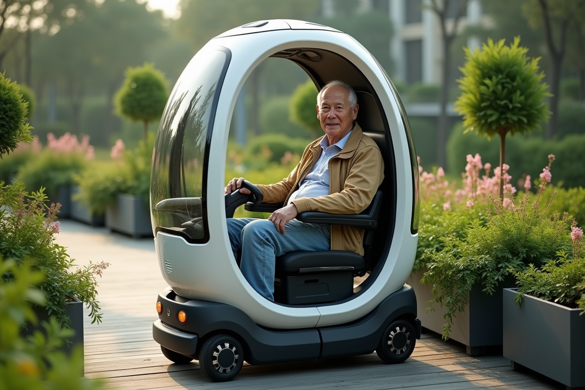 Homme âgé dans une bulle de mobilité dans un parc urbain