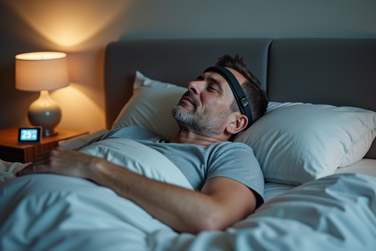 Homme avec un bandeau de suivi du sommeil dans un lit moderne