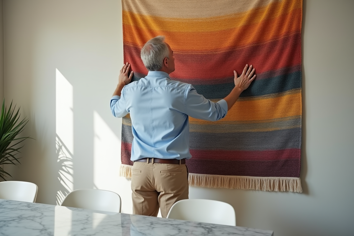 Homme installant une tapisserie colorée dans une salle à manger