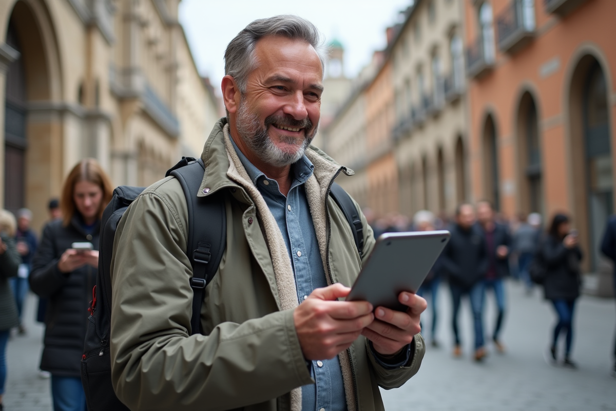 Homme avec tablette en visite touristique en Europe