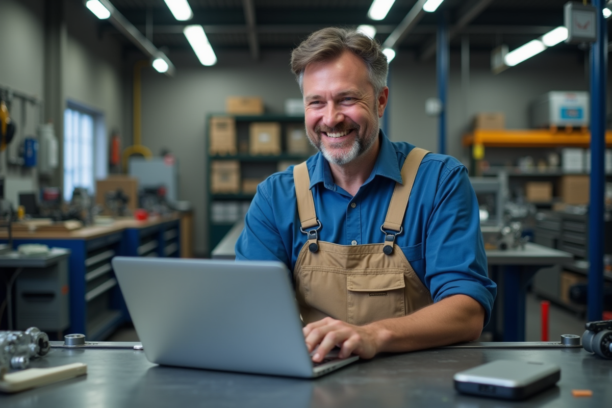 Homme souriant utilisant un ordinateur dans un atelier industriel