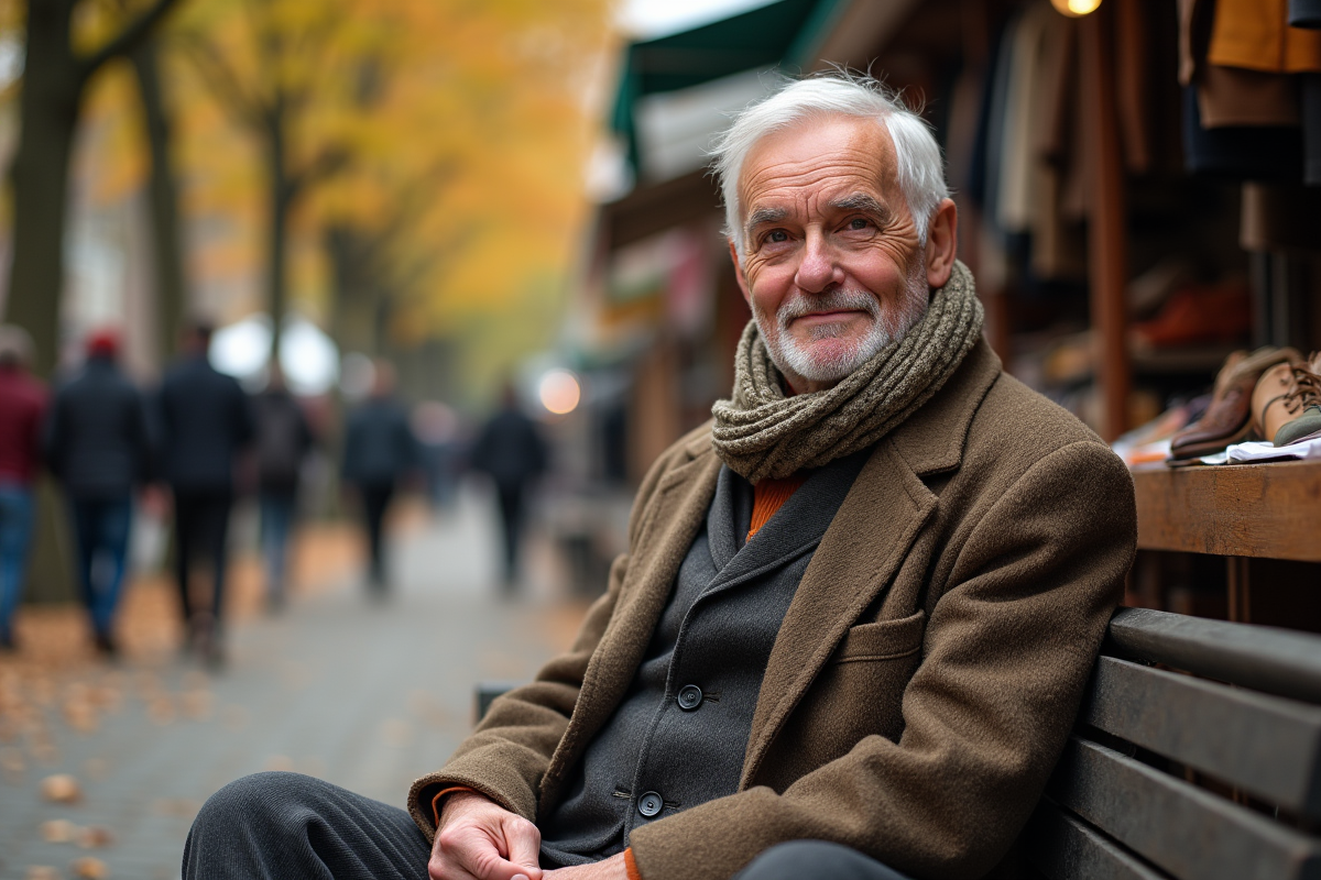 Homme âgé en tweed assis dans un marché de seconde main en plein air