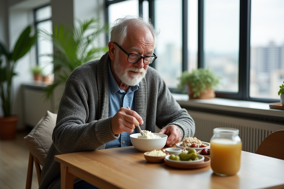 Homme âgé dégustant du yaourt avec des aliments probiotiques dans un appartement moderne