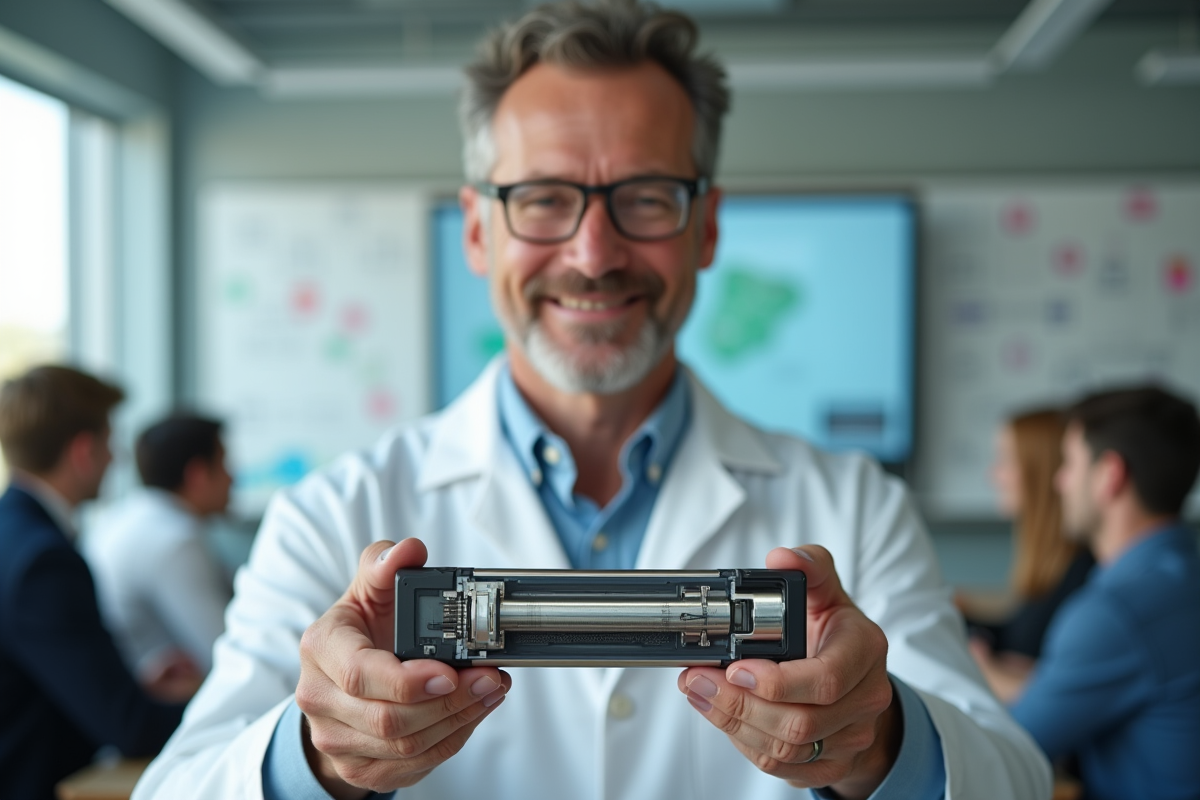 Ingénieur montrant une batterie à coupe dans une salle de classe