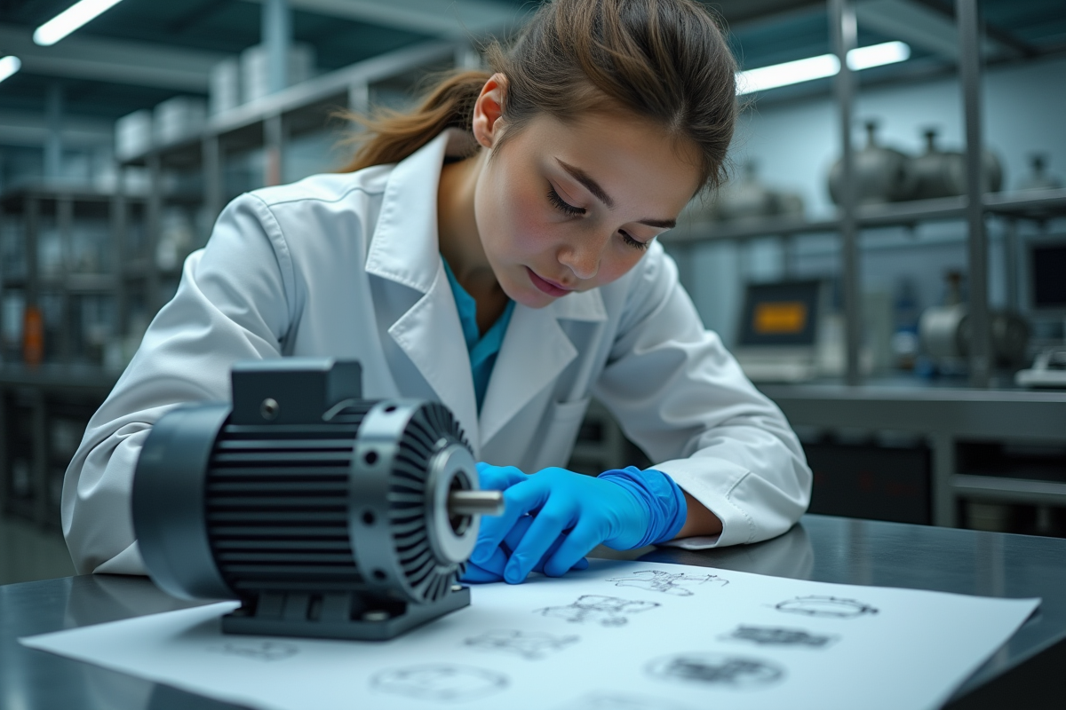 Technicienne inspectant un moteur électrique dans un laboratoire