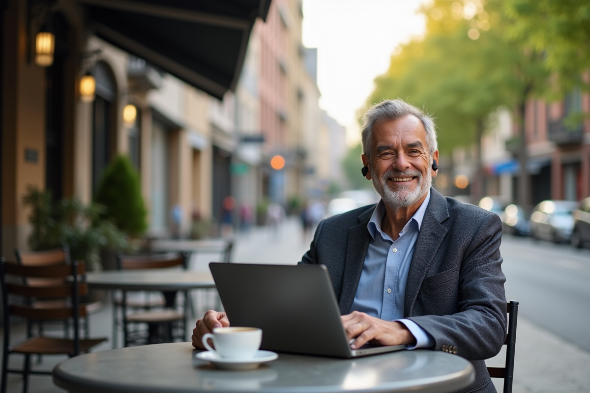 Investisseur détendu dans un café en terrasse avec son ordinateur