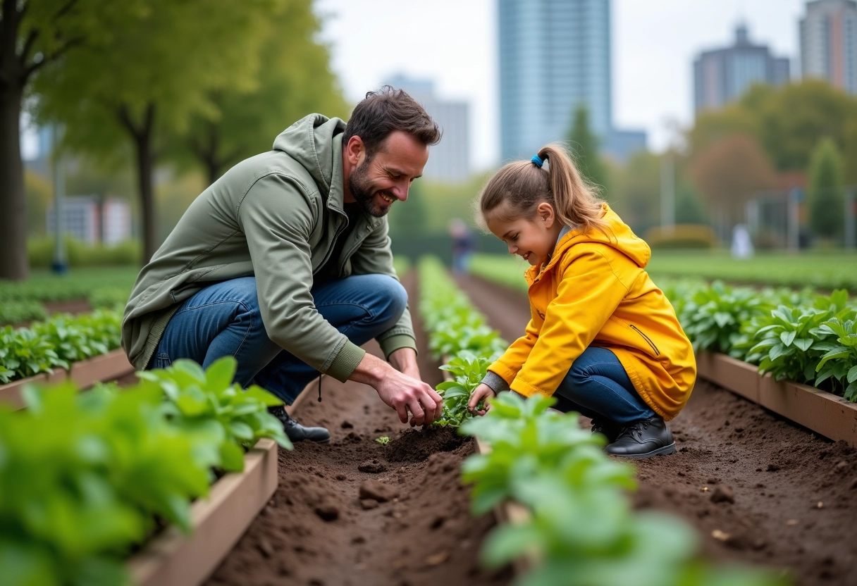 Un homme et une jeune fille plantent des semis dans un jardin communautaire