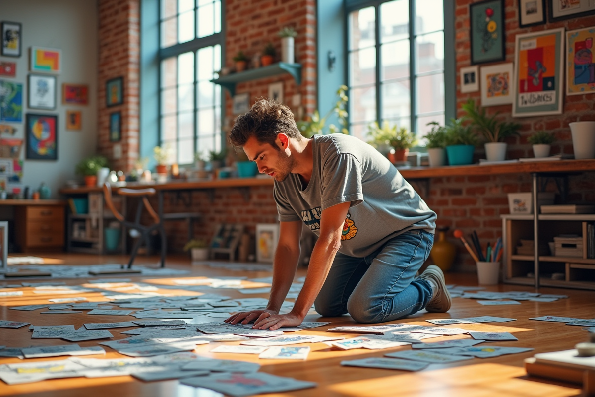 Jeune homme arrangeant des installations artistiques dans un studio lumineux