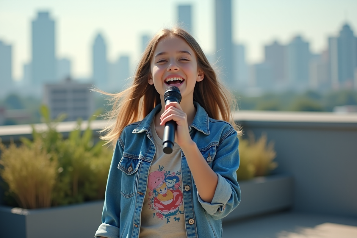 Jeune chanteuse urbaine avec micro sur un toit en ville