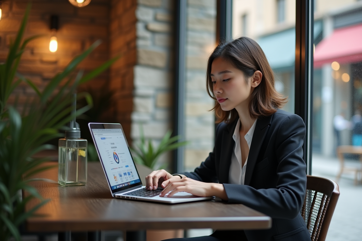 Jeune entrepreneure concentrée sur son tableau de bord AI au café