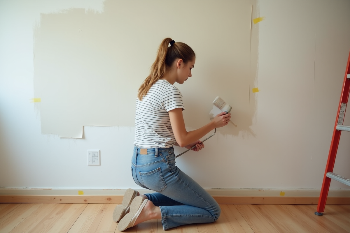 Jeune femme peignant un mur de chambre avec peinture ordinaire