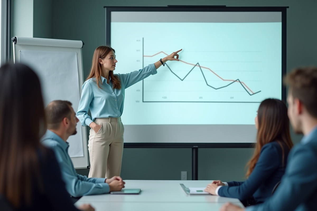 Jeune femme pointant un graphique en conférence