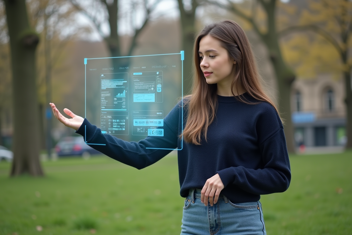Jeune femme regardant une interface de réalité augmentée dans un parc urbain