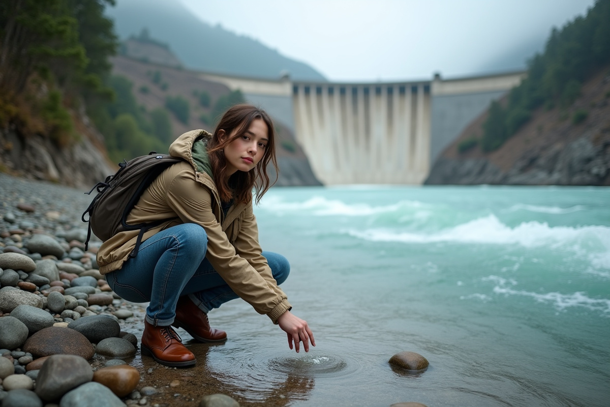 Jeune femme au bord d’une rivière face à un barrage hydroélectrique