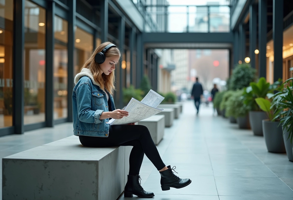Jeune femme lisant une carte dans un atrium urbain