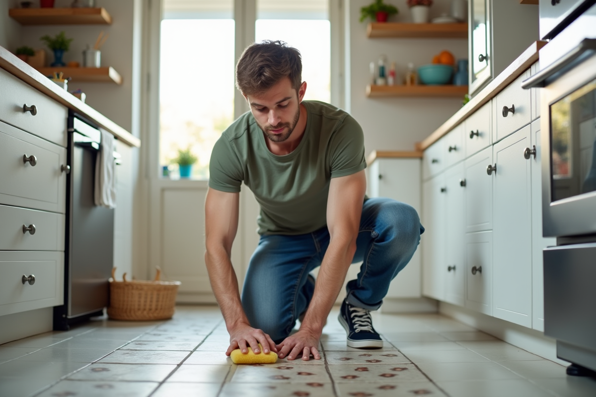 Jeune homme qui nettoie le sol de la cuisine avec une éponge