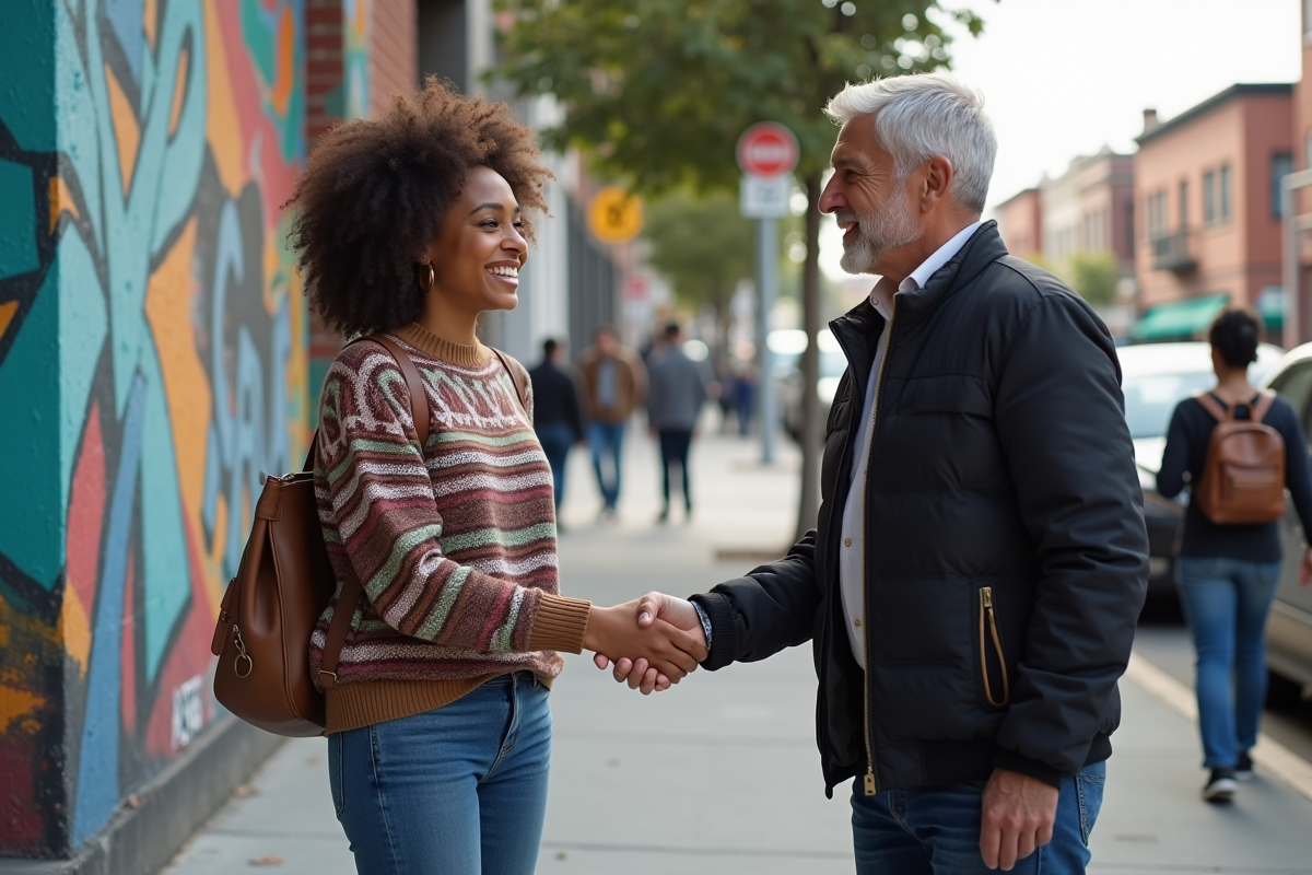 Jeune femme saluant un homme dans la rue urbaine