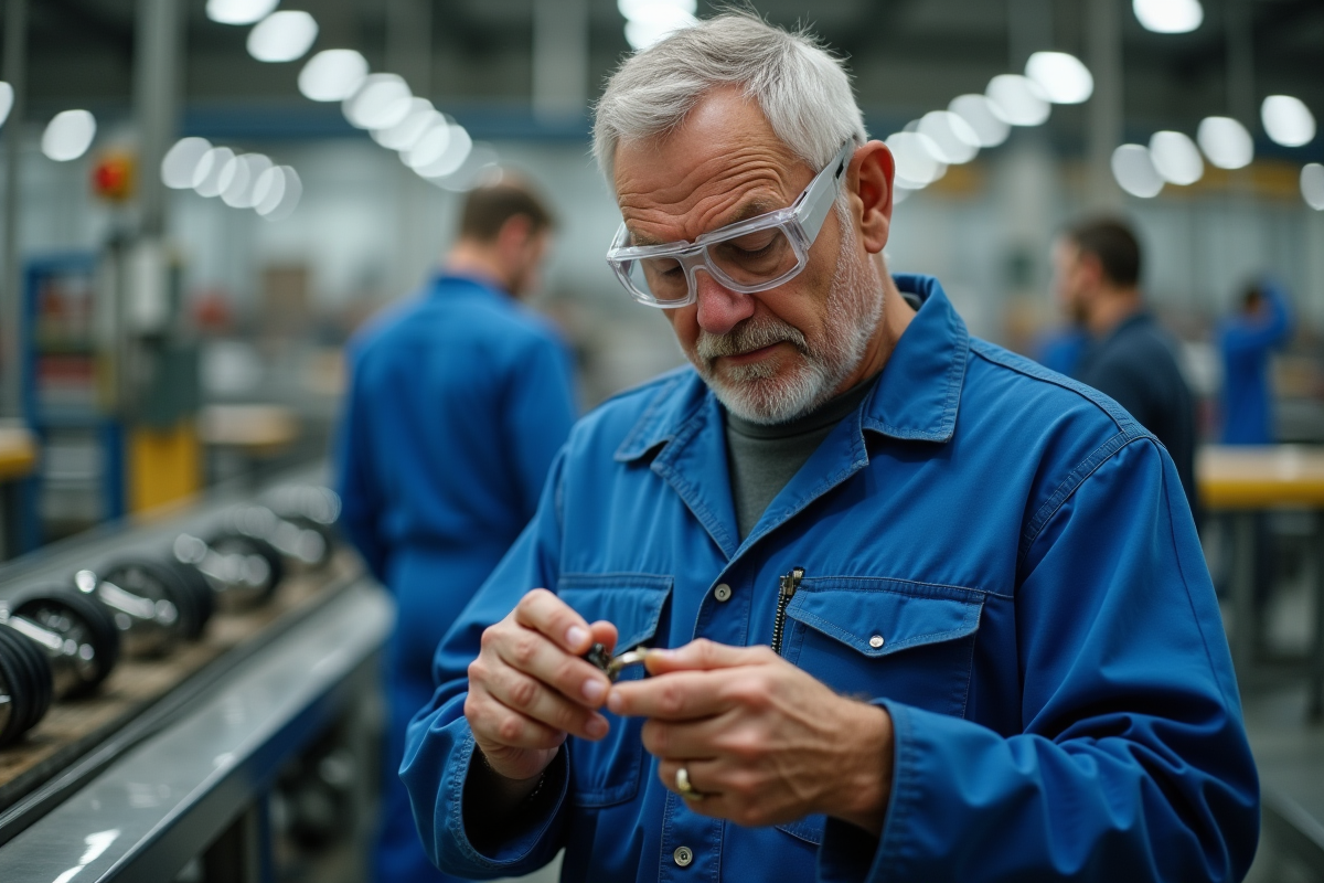 Ouvrier d usine inspectant une pièce en atelier industriel
