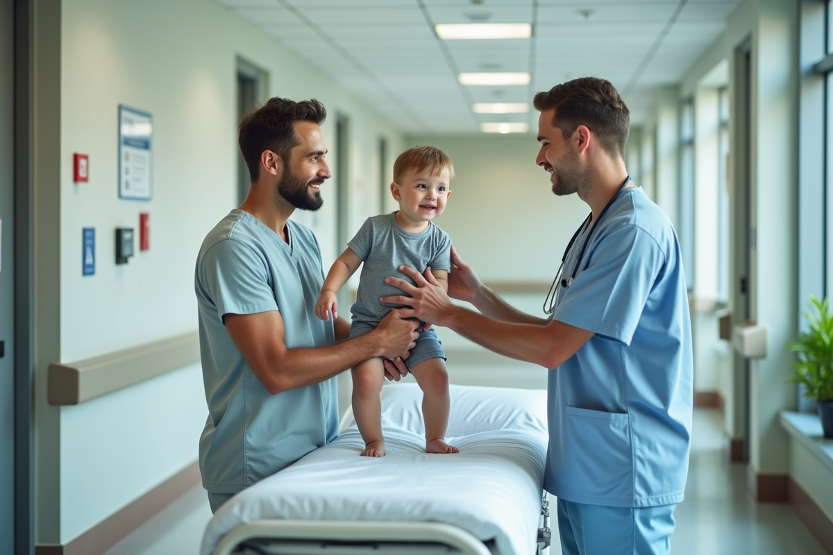 Pere et enfant dans un couloir d hopital accueillant