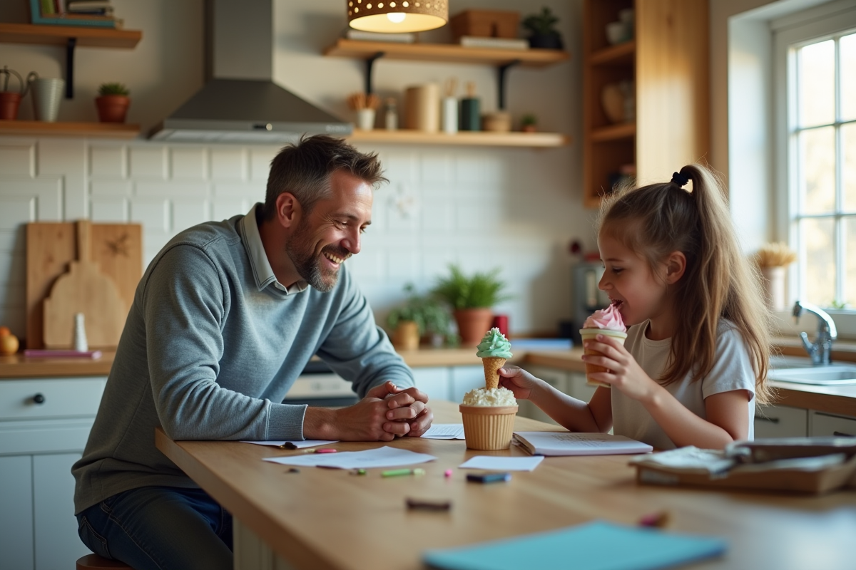 Père et fille dégustent une glace dans une cuisine lumineuse
