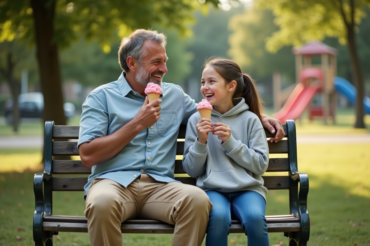 Père et fille dégustent une glace dans un parc