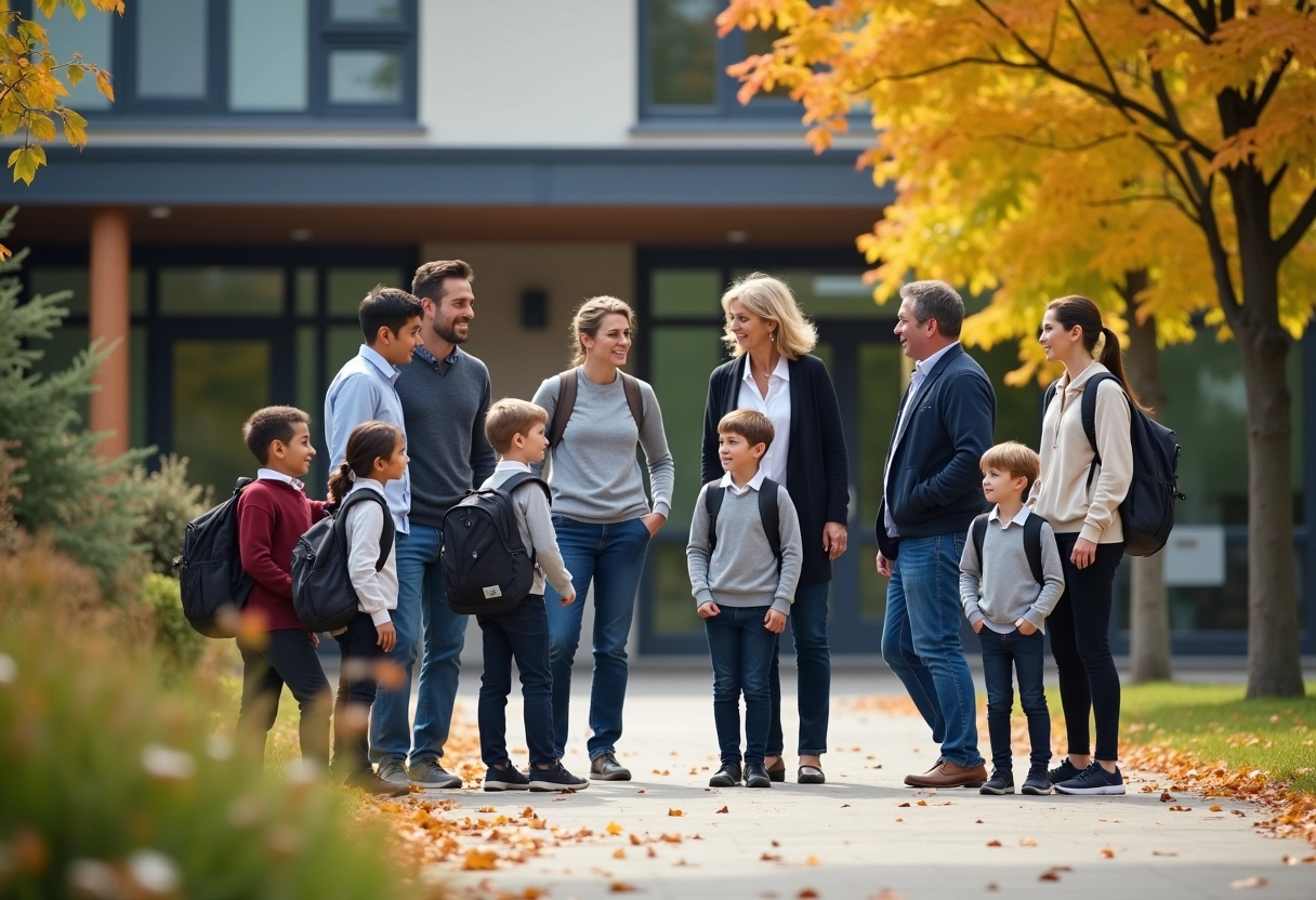Parents discutant devant une école internationale avec enfants jouant