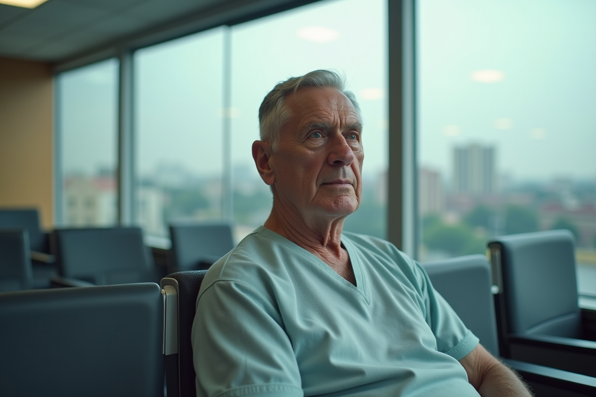 Patient âgé assis dans une salle d