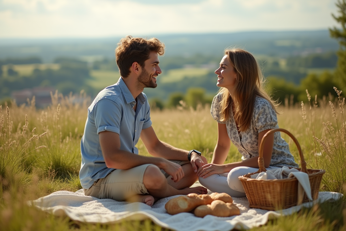 Jeune couple profitant d un pique-nique en campagne