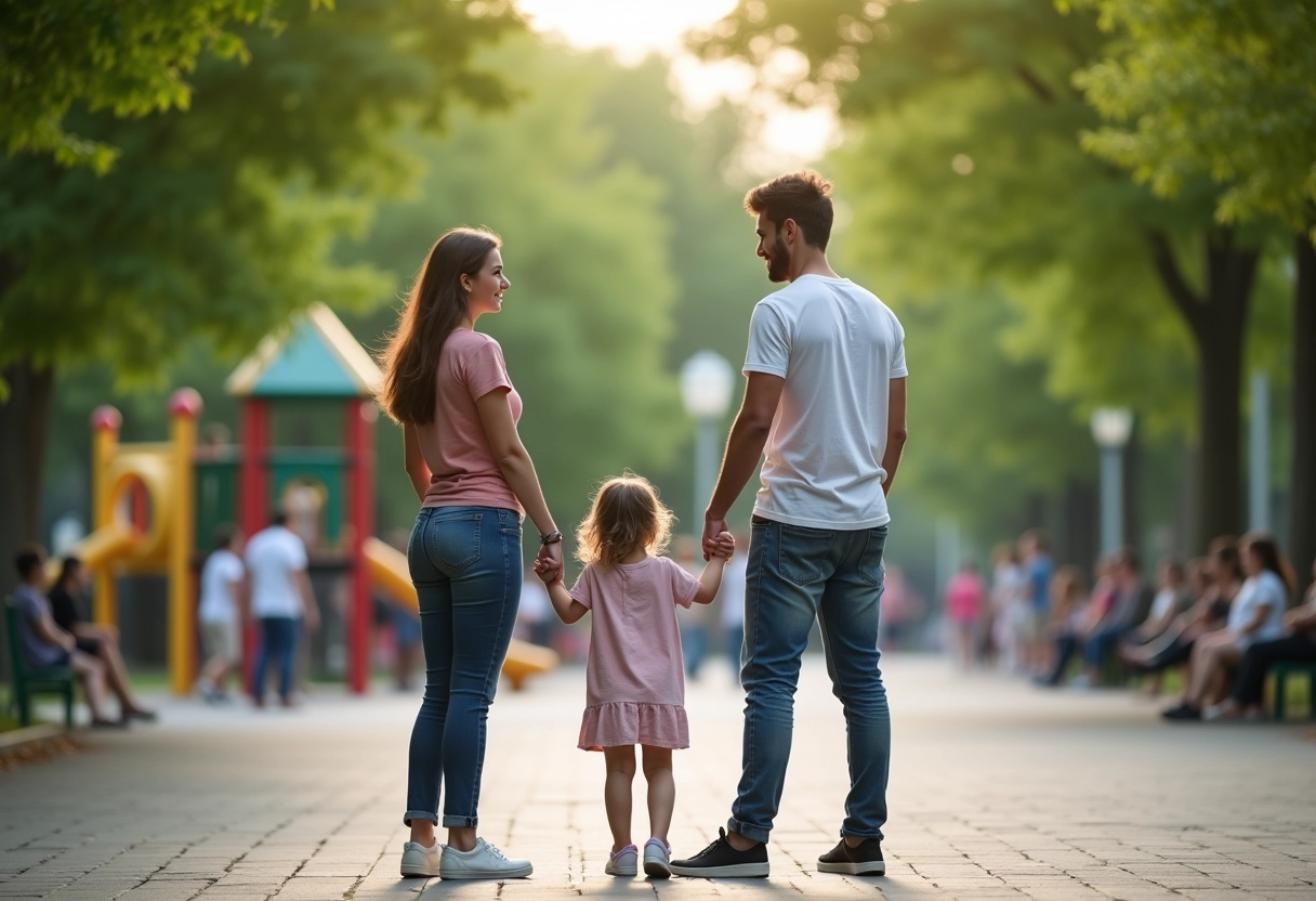 Jeune couple main dans la main avec une préadolescente dans un parc
