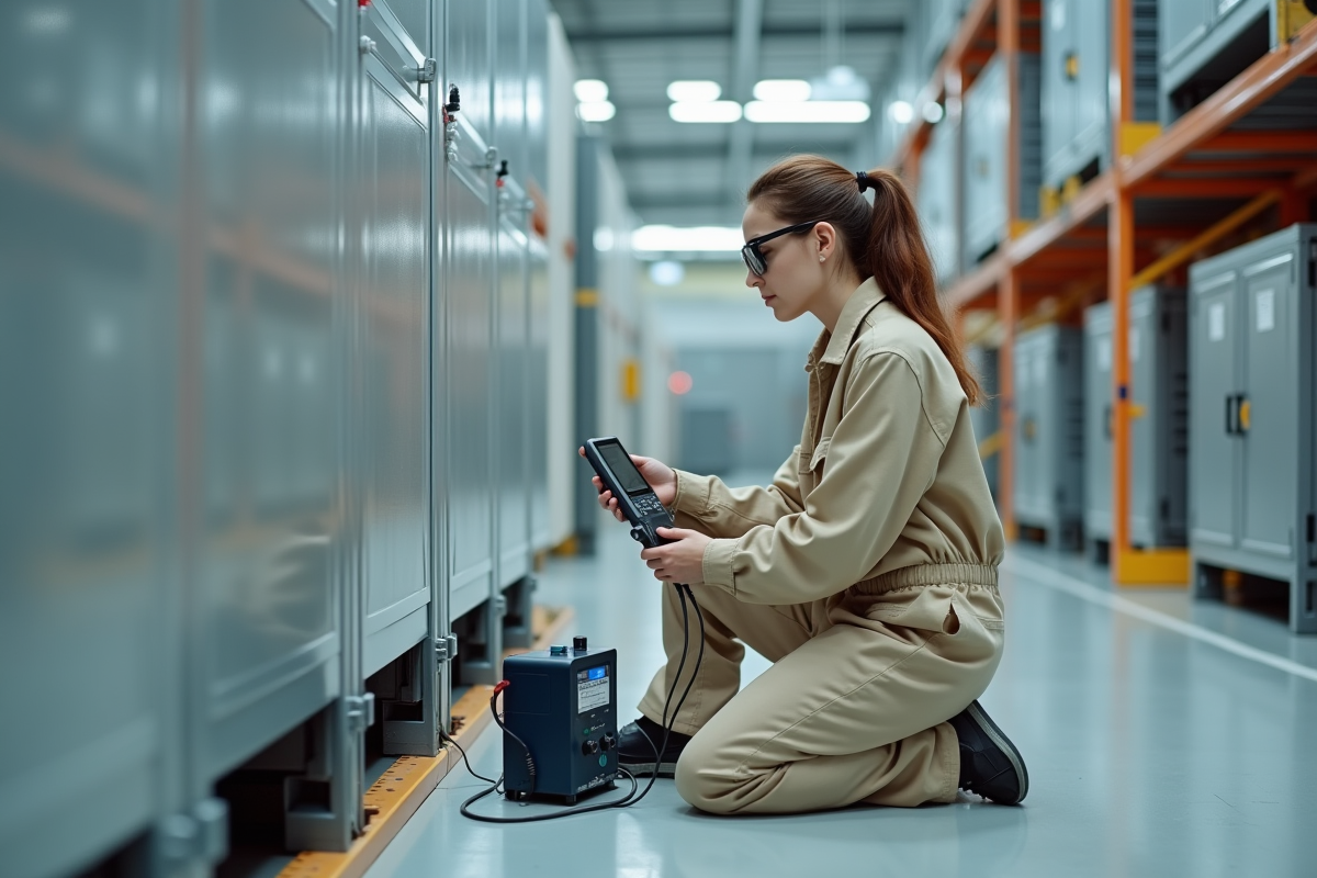 Jeune technicienne vérifie une batterie lithium dans une installation renouvelable